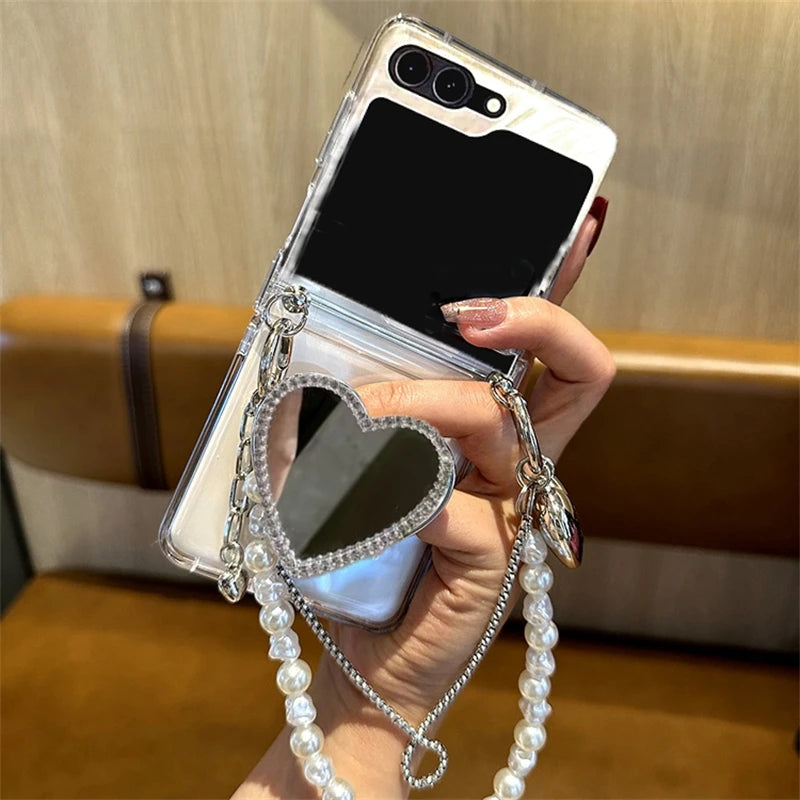Galaxy Z Flip - Glitter Transparent Case with Mirror Holder and Pearl Bracelet